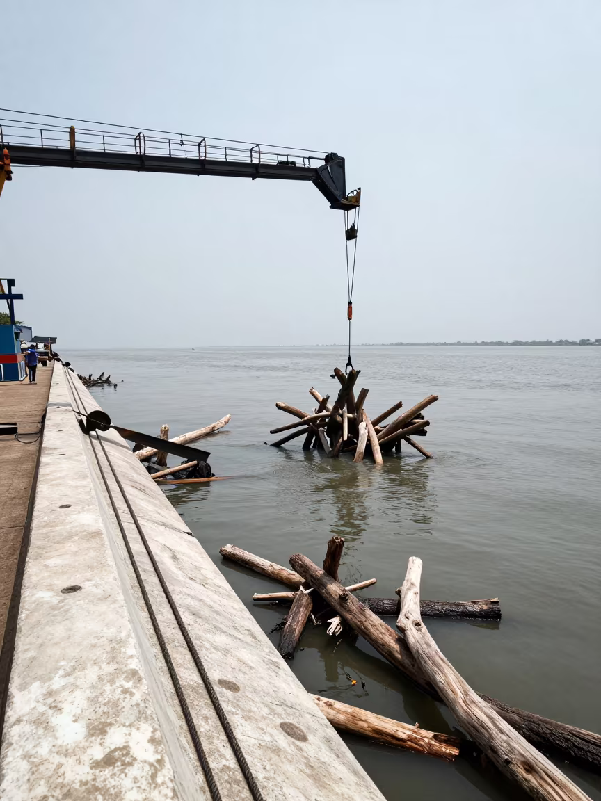 Driftwood Corralled by Boom Line on Monsoon Water in along a levee path above floodwater near Chennai