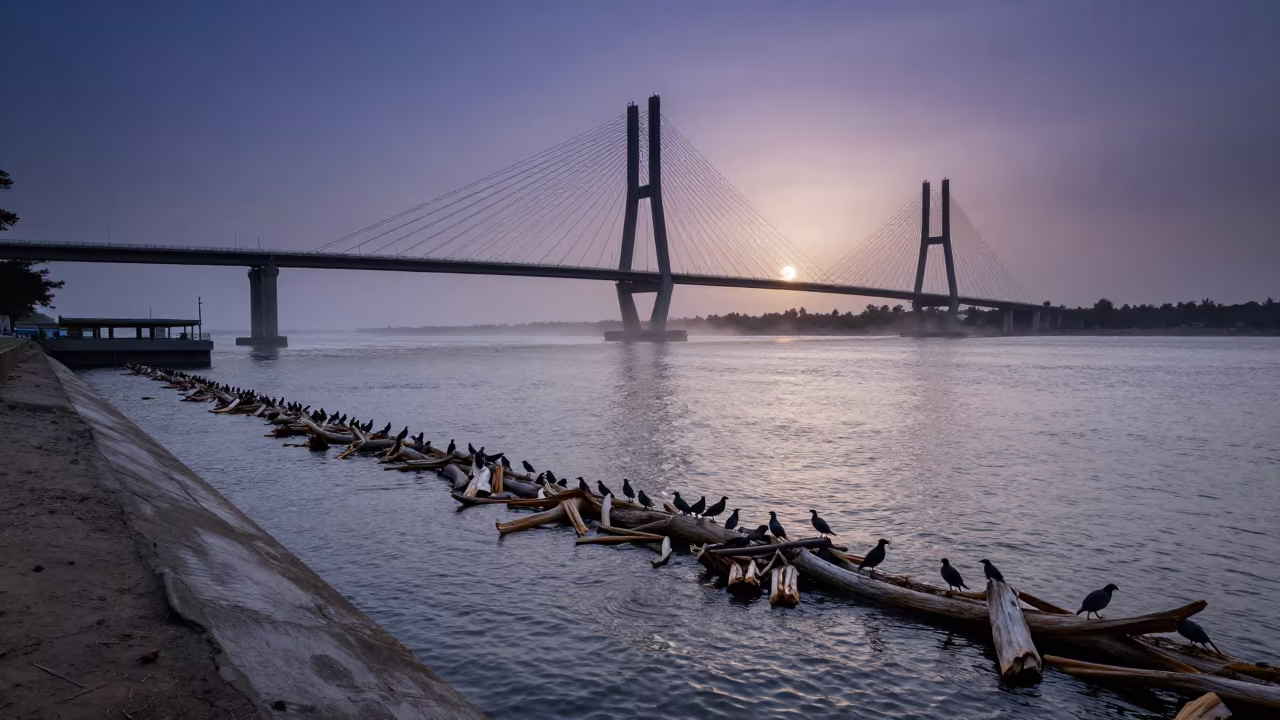 Driftwood Boom Line Under Lagos Bridge at Twilight in under a cable-stayed bridge span in Lagos Island, Lagos