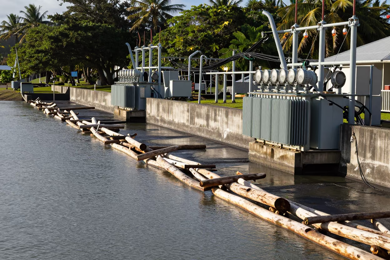 Driftwood Boom Line Along Victoria Dam Spillway in along a dam spillway in Victoria Seychelles