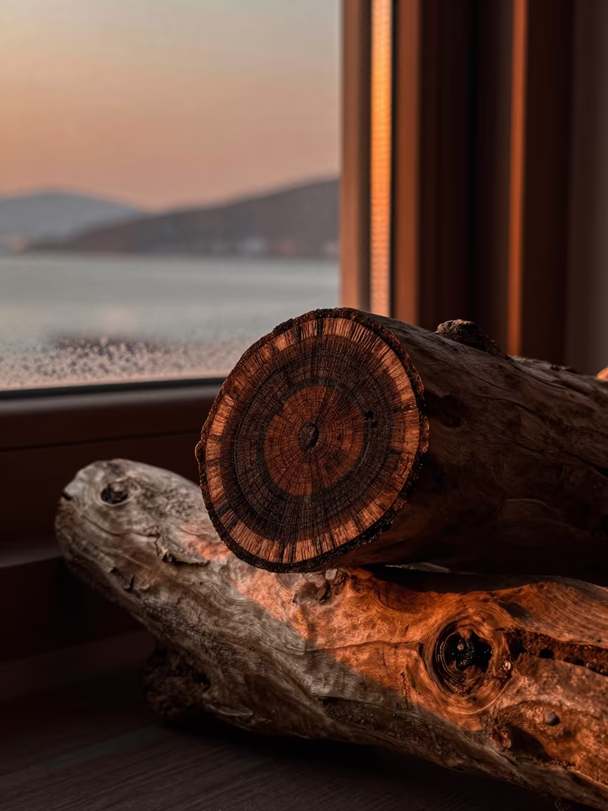 Driftwood Rings Darkened by Sea Water in along a frost-edged windowpane in Huinnyeoul, Busan