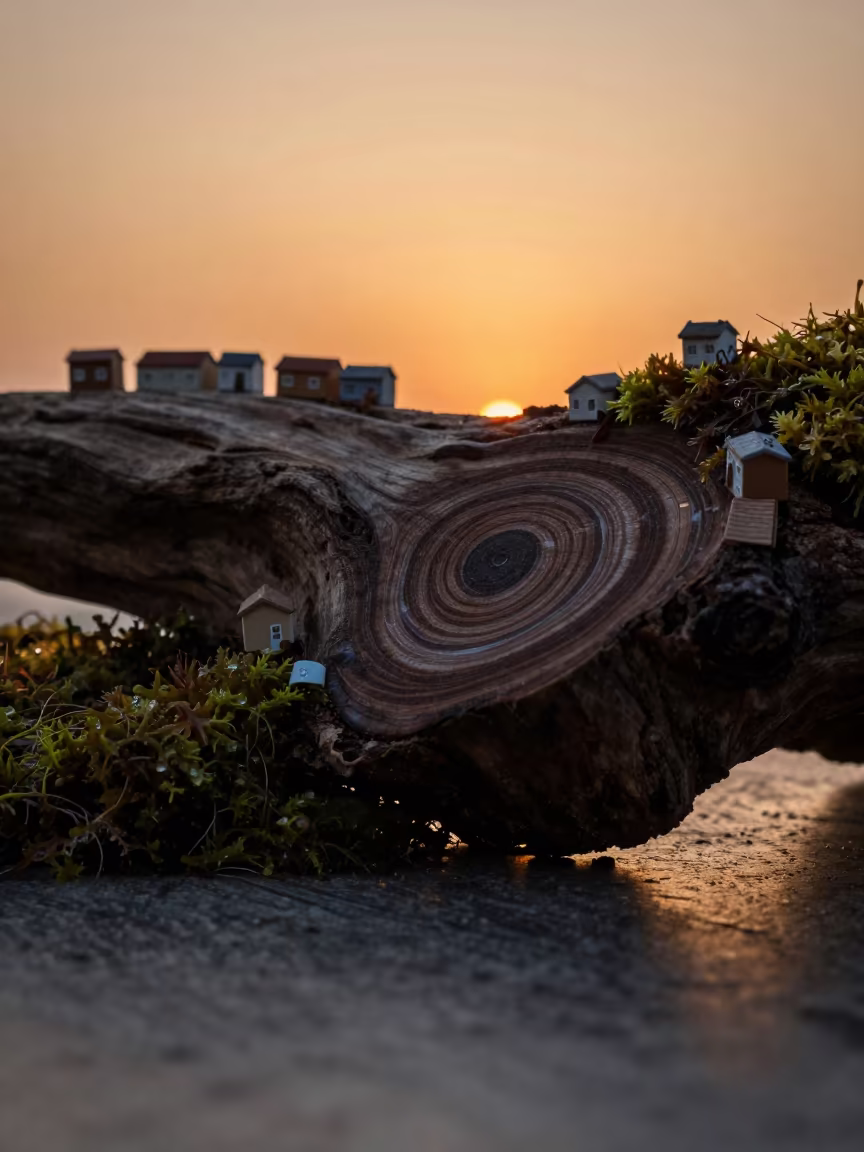 Driftwood Rings with Tiny Shoebox Buildings in on dew-soaked moss in Jagalchi, Busan