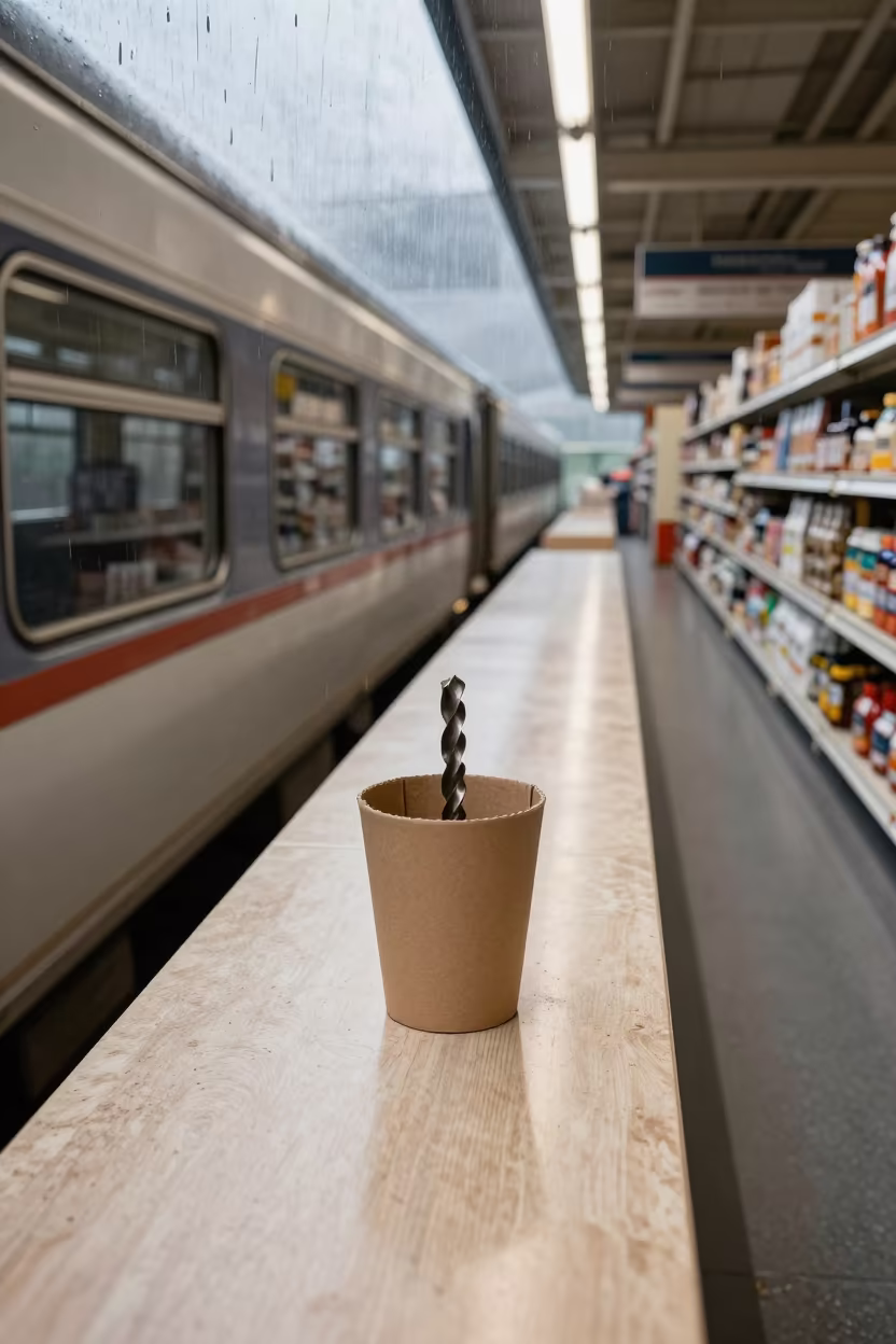 Drill Bit Cup and Train Car in Monsoon Aisle in inside a bright retail aisle in Kollam