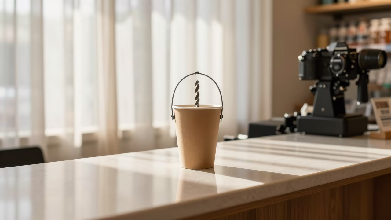 Drill Bit Return Cup at Checkout in at a checkout lane under flat store light near Da Nang