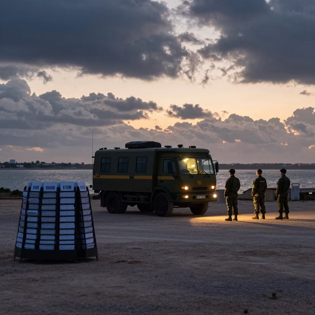 Drill Card Rack at Portugal Twilight in beside a convoy halt on open ground in Portugal