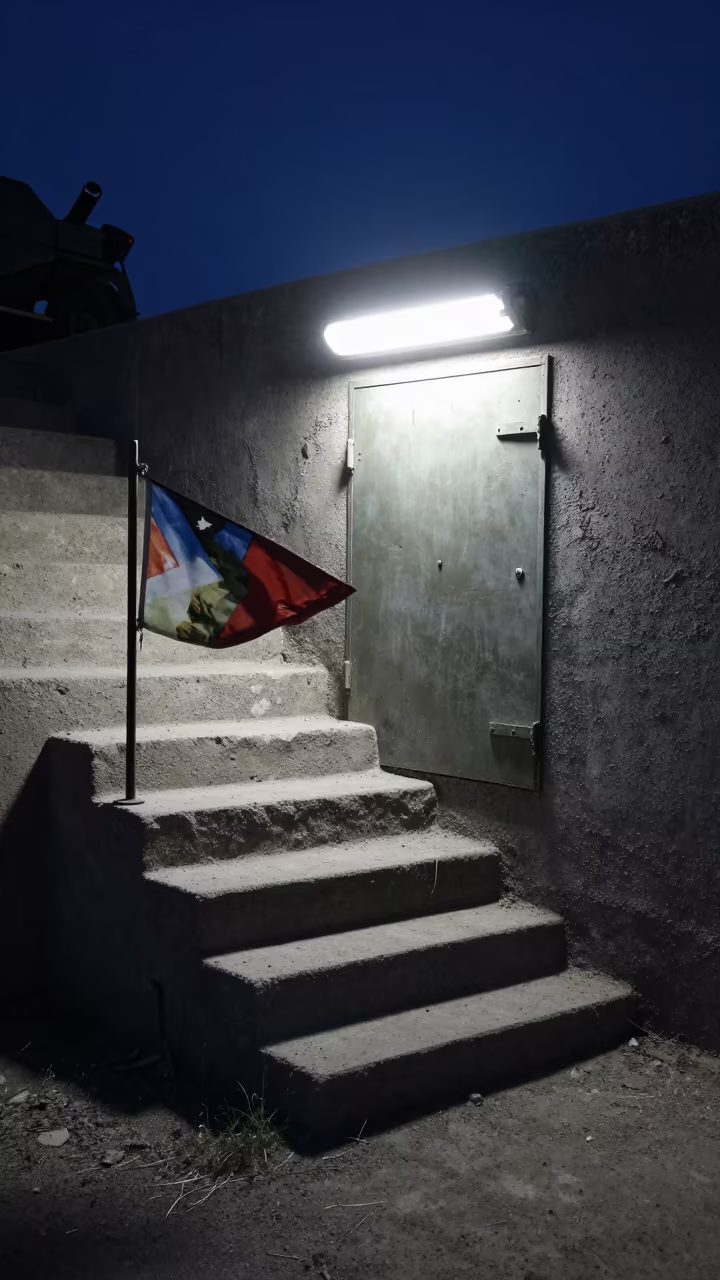 Drill Flag Tin in Predawn Bunker Stairwell in inside a bunker stairwell in Tajikistan