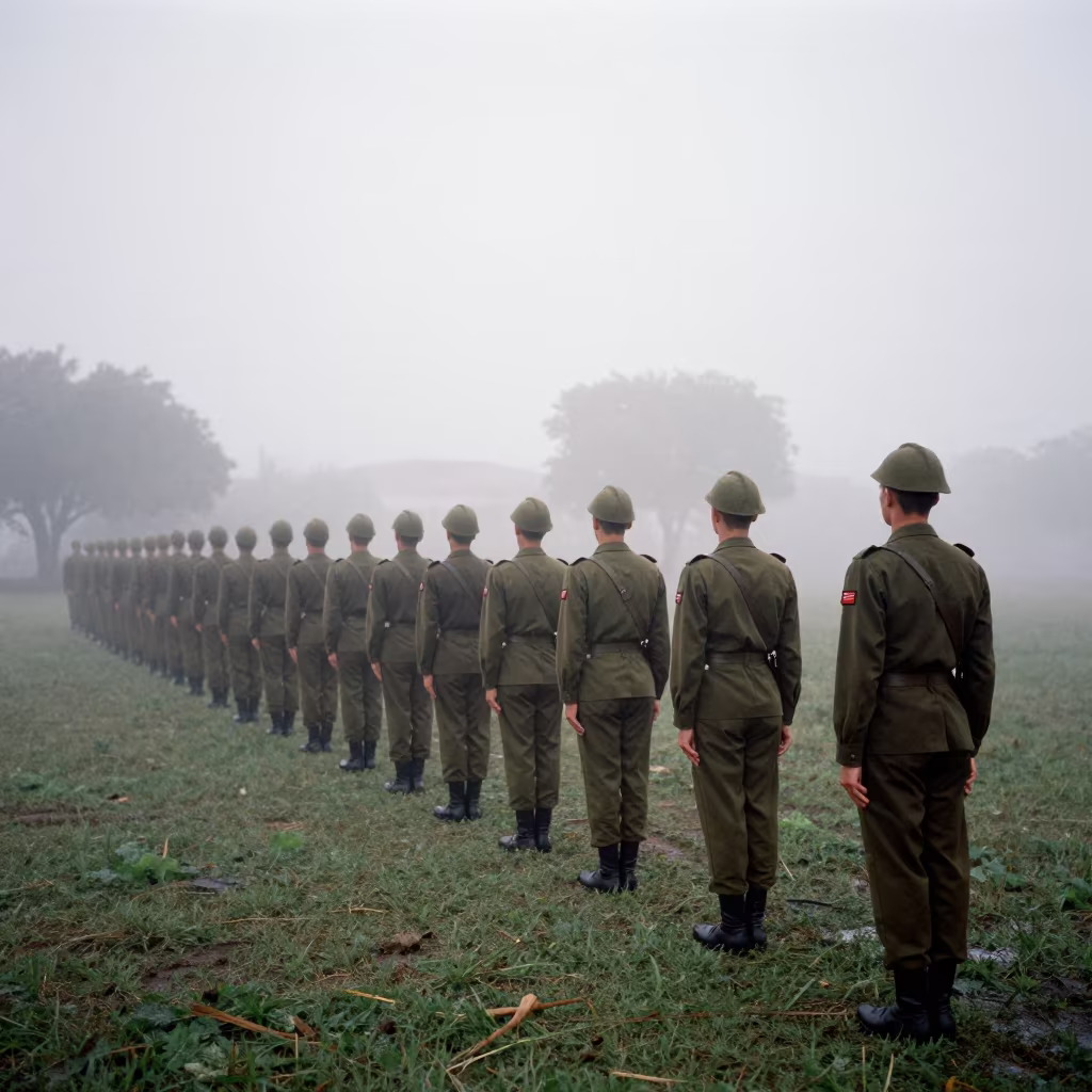 Drill Line in Morning Fog Bayamo in on a parade ground near Bayamo
