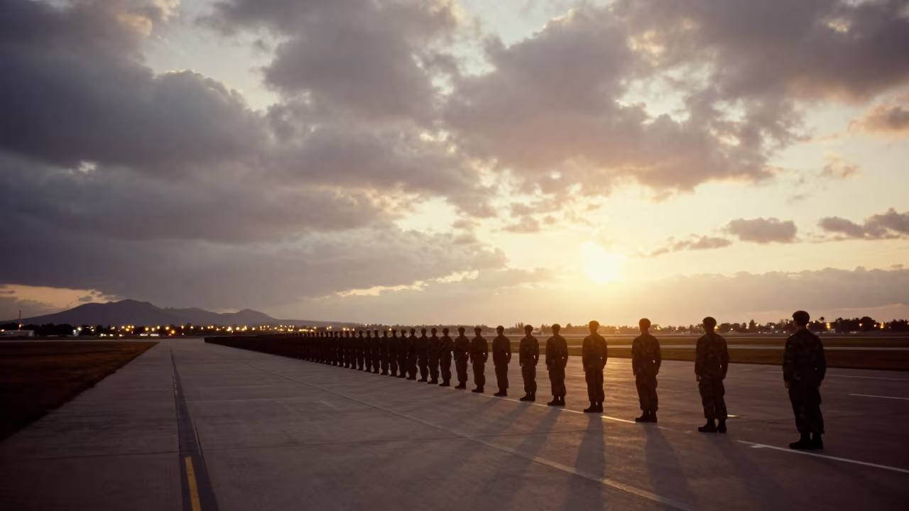 Drill Line Silhouette Under Autumn Airbase Skies in along an airbase flight line in the Balearic Islands