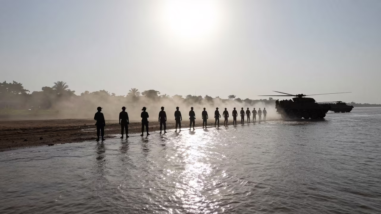 Drill Line Silhouetted Against Monsoon Light in beside a convoy halt on open ground near Khulna