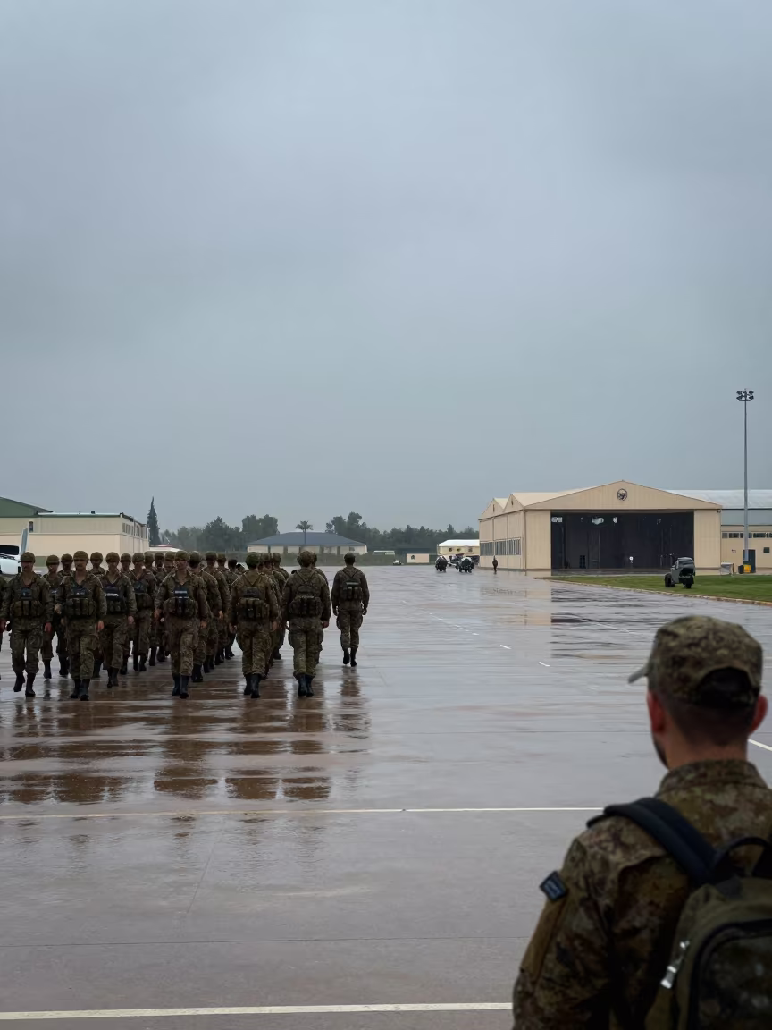 Drill Line Under Monsoon Afternoon Light in along an airbase flight line in Syria