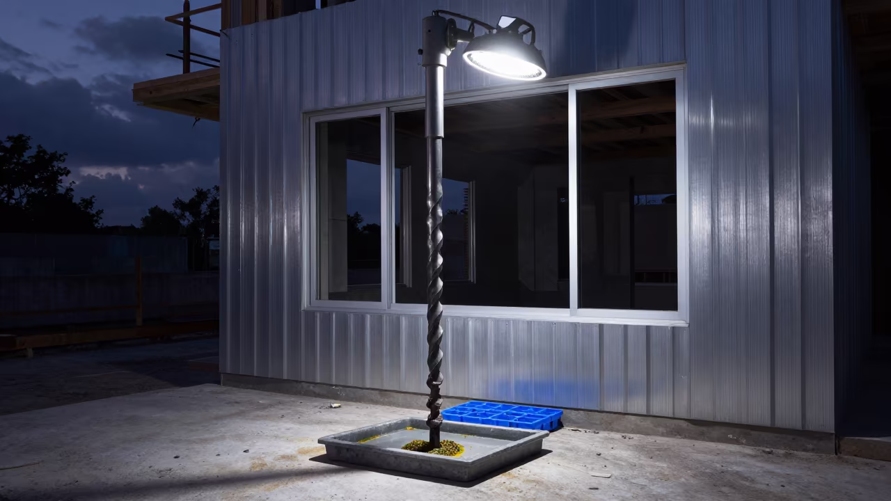 Drill Slurry Pan Under Predawn Lighthouse Light in beside a framed building shell in La Romana