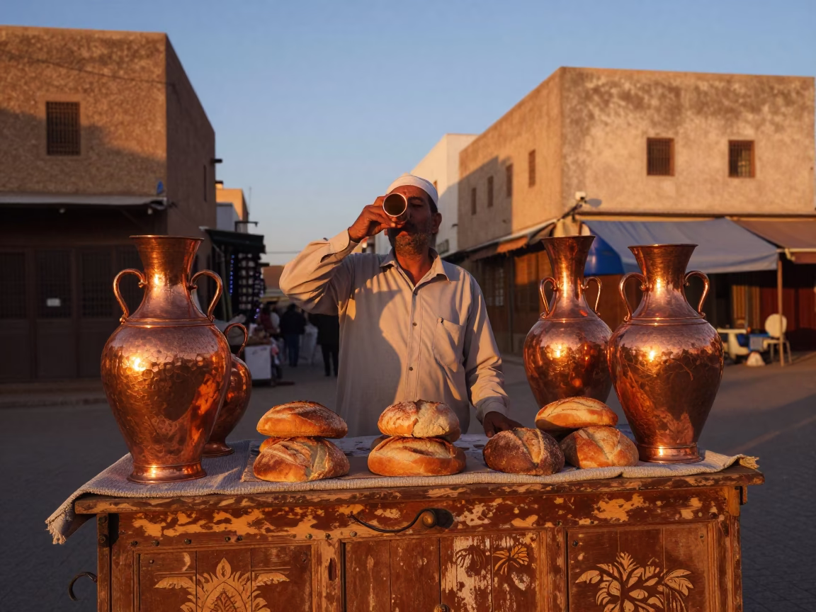 Drinking Vessels in Essaouira at Copper-toned Light Before Dusk in in Essaouira, Morocco