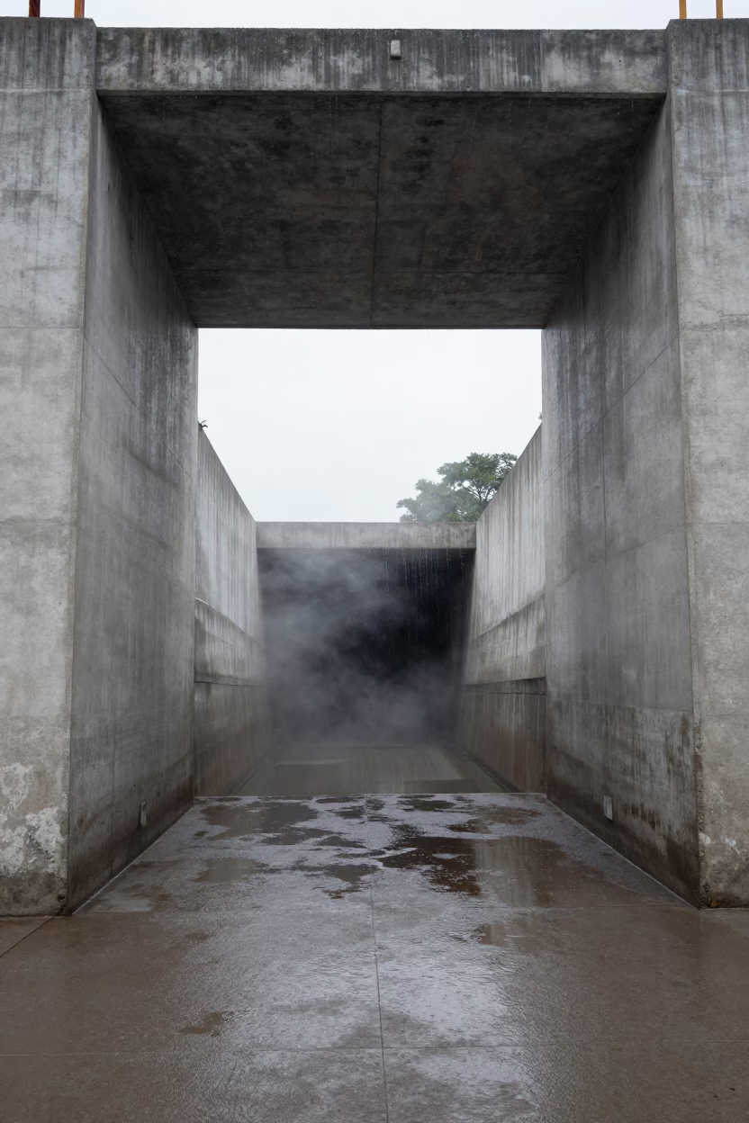 Dripping Concrete Dam Gallery Over Spillway in above a spillway chute with spray rising in Piura