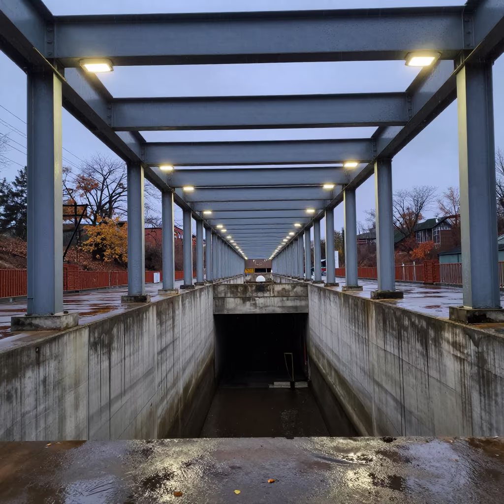 Dripping concrete dam gallery under sodium light in along a dam spillway near Ensenada