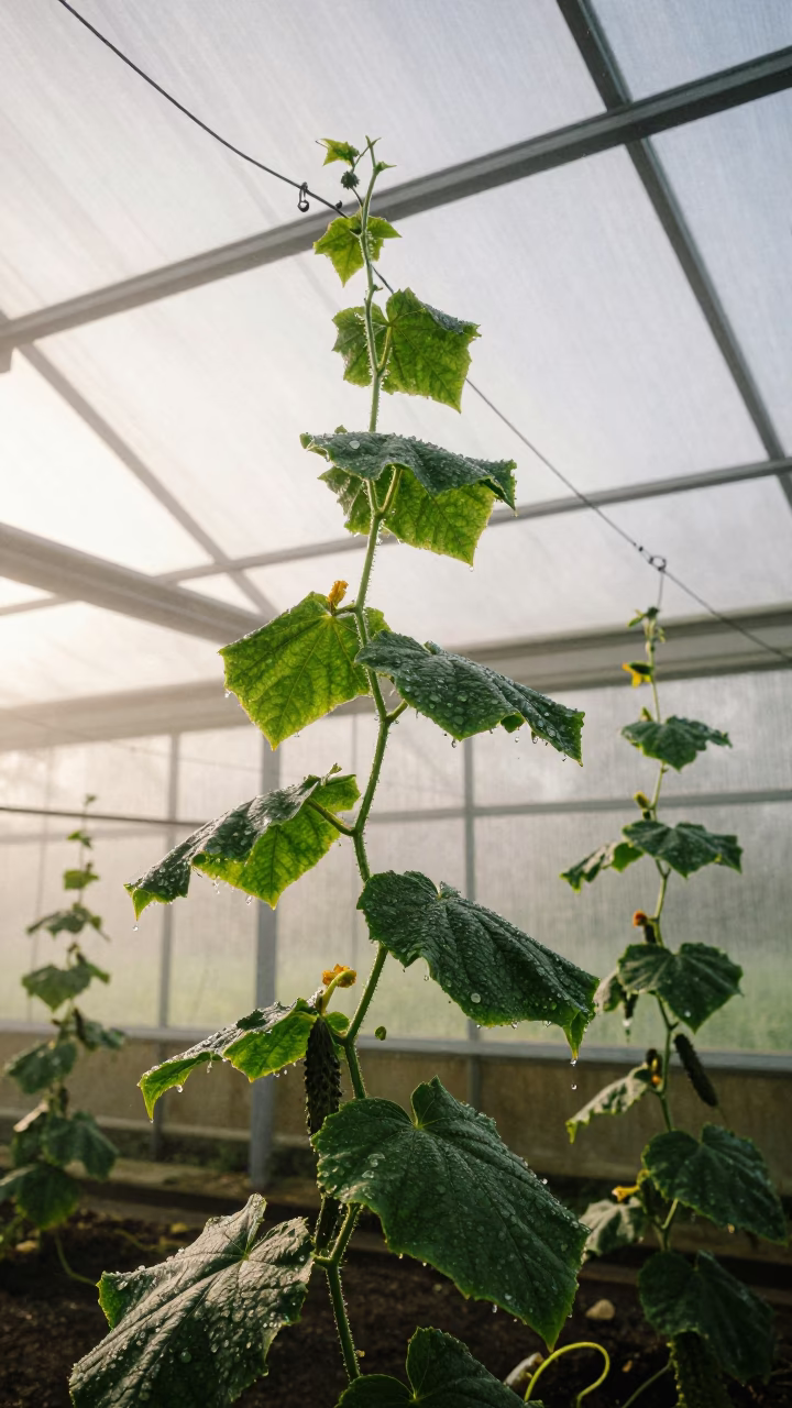 Dripping Condensation on Cucumber Trellis in Espoo in under translucent greenhouse roofing in Espoo