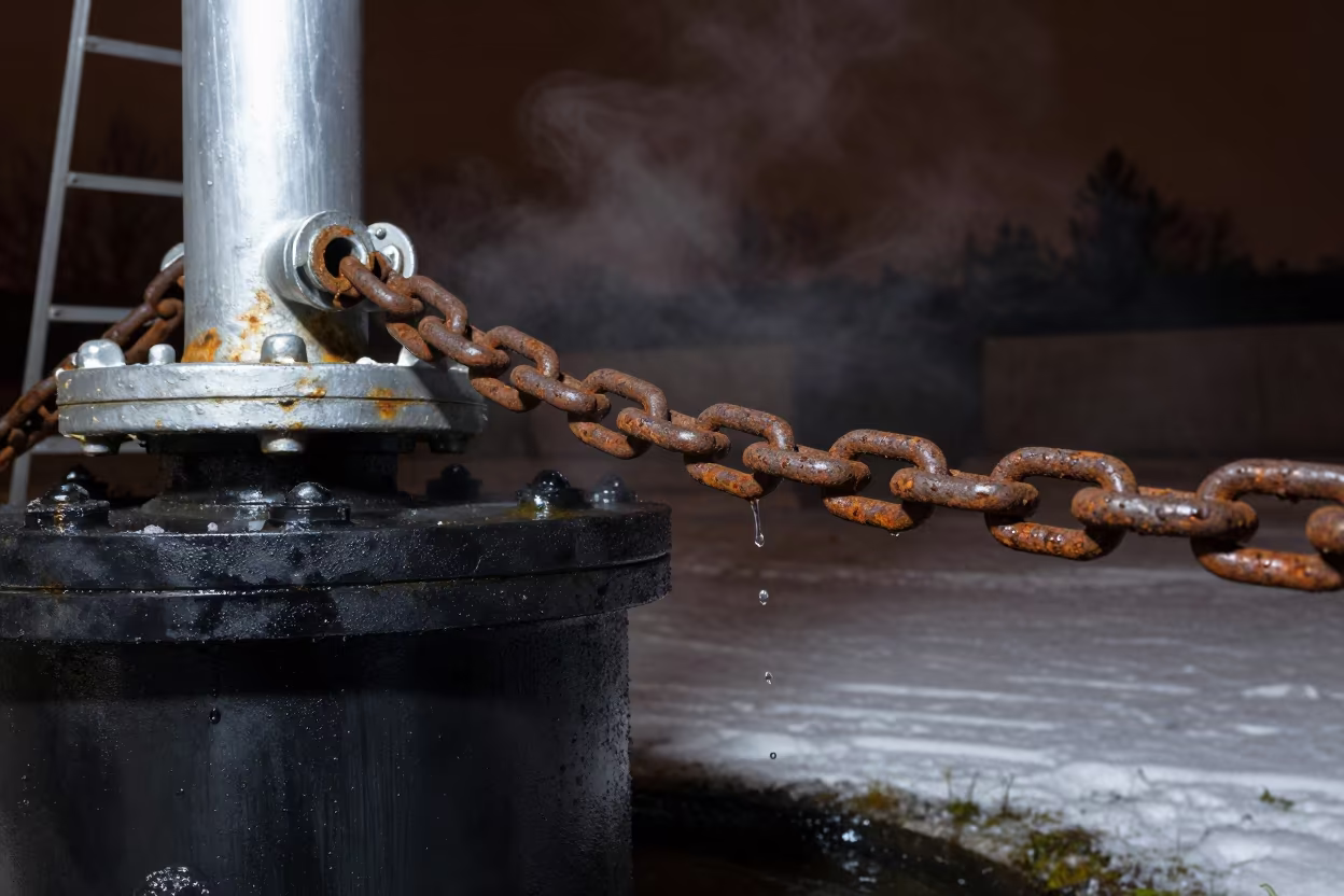Dripping Hoist Chain Beside Black Water at Night in beside a water tower ladder near Obninsk