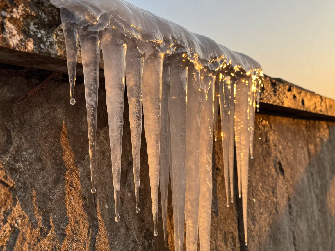 Dripping Icicles on Stone Ledge in Amber Light in on a stone ledge near Ibb