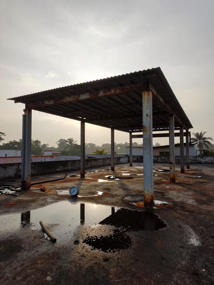 Dripping Pipes and Broken Gauges in Ruined Nave in inside a roofless nave near Carúpano