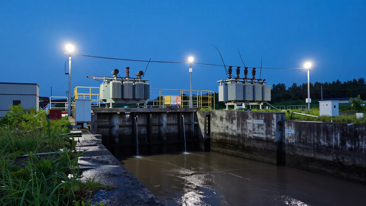 Dripping Sluice Gate Indigo Twilight Hokkaido Canal in at a canal lock chamber in Hokkaido