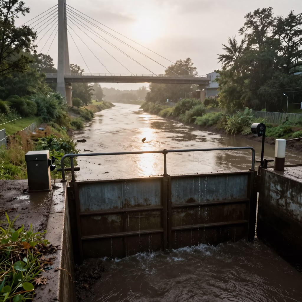Dripping Sluice Gate Under Oregon Bridge in under a cable-stayed bridge span in Oregon