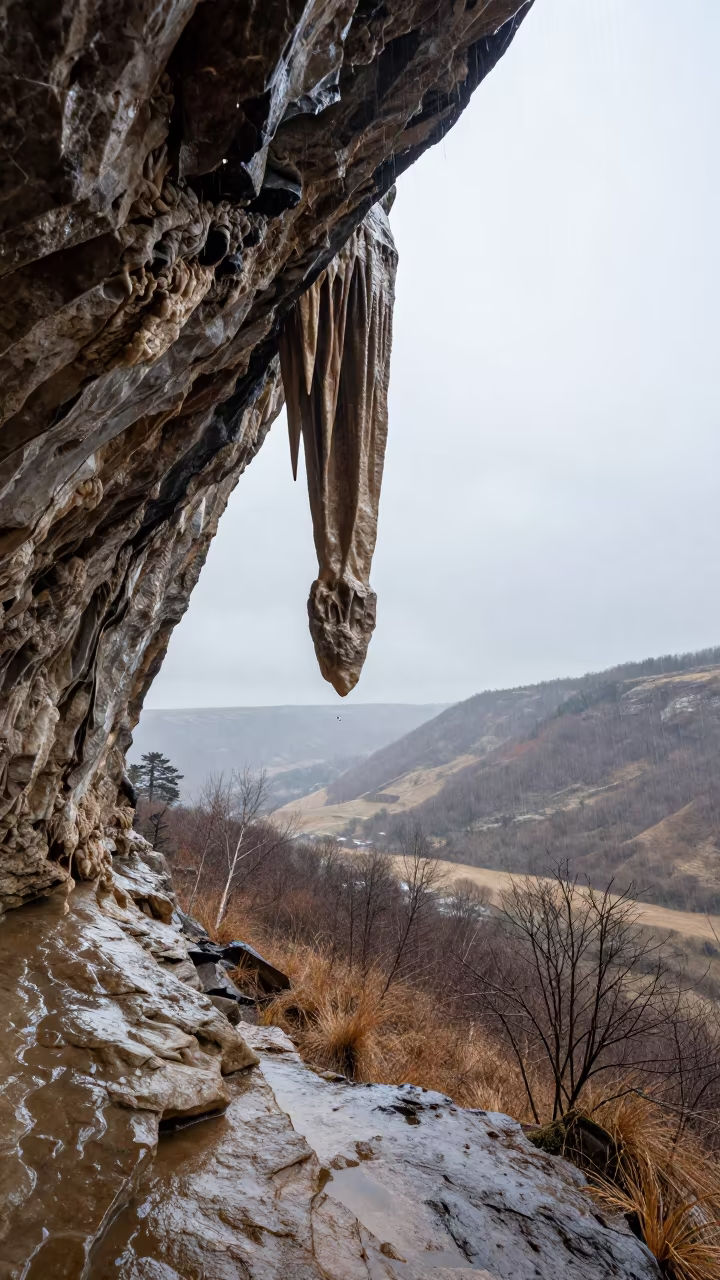 Dripping Stalactite in Burgundy Winter Valley in across a wide valley floor in Burgundy