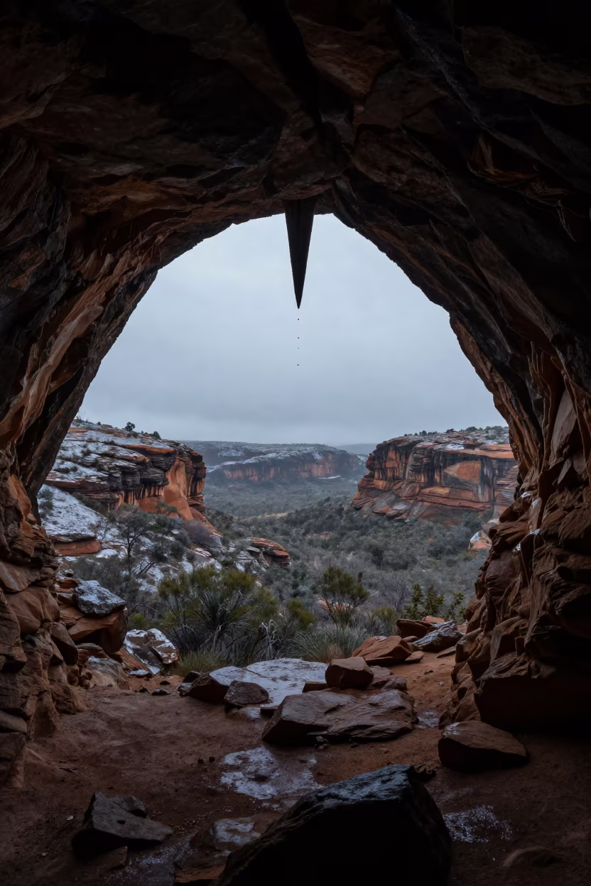 Dripping Stalactite in Predawn Western Australia Cave in from a ridge above layered foothills in Western Australia