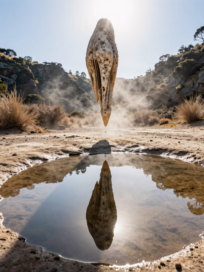 Dripping Stalactite Valley Reflection Midday in across a wide valley floor near Parnell, Auckland