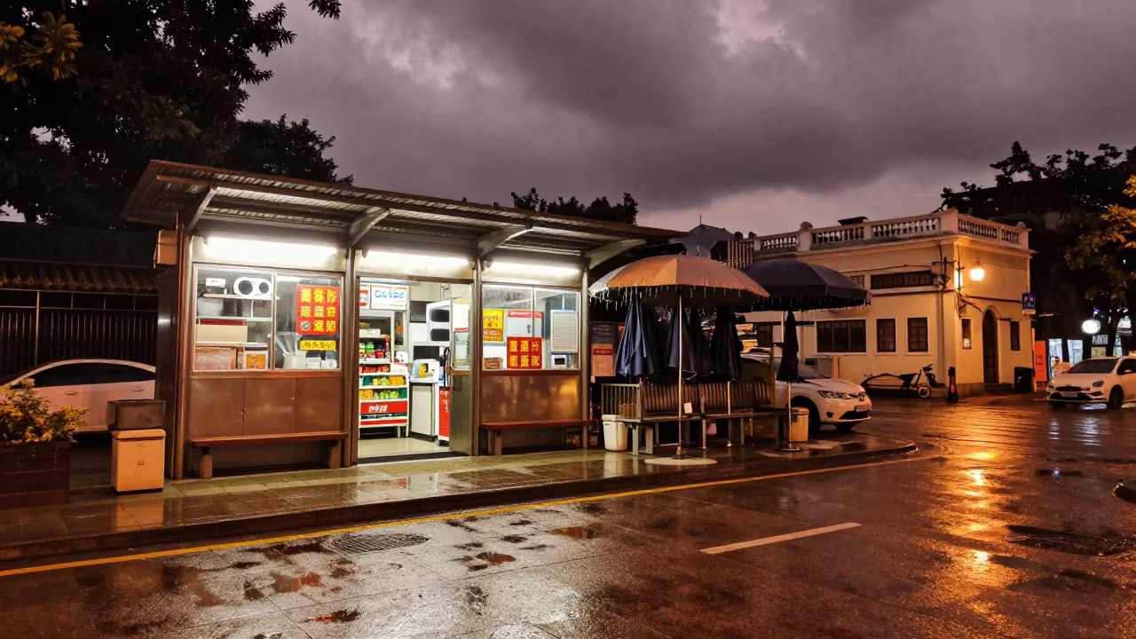 Dripping Umbrellas Under Sodium Light on Shamian Island in outside a fluorescent convenience store in Shamian Island, Guangzhou