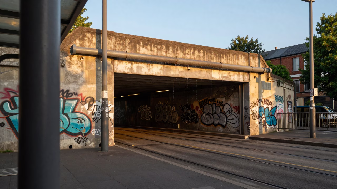 Dripping Water on Graffiti at Barrie Tram Stop in at a tram stop in Barrie