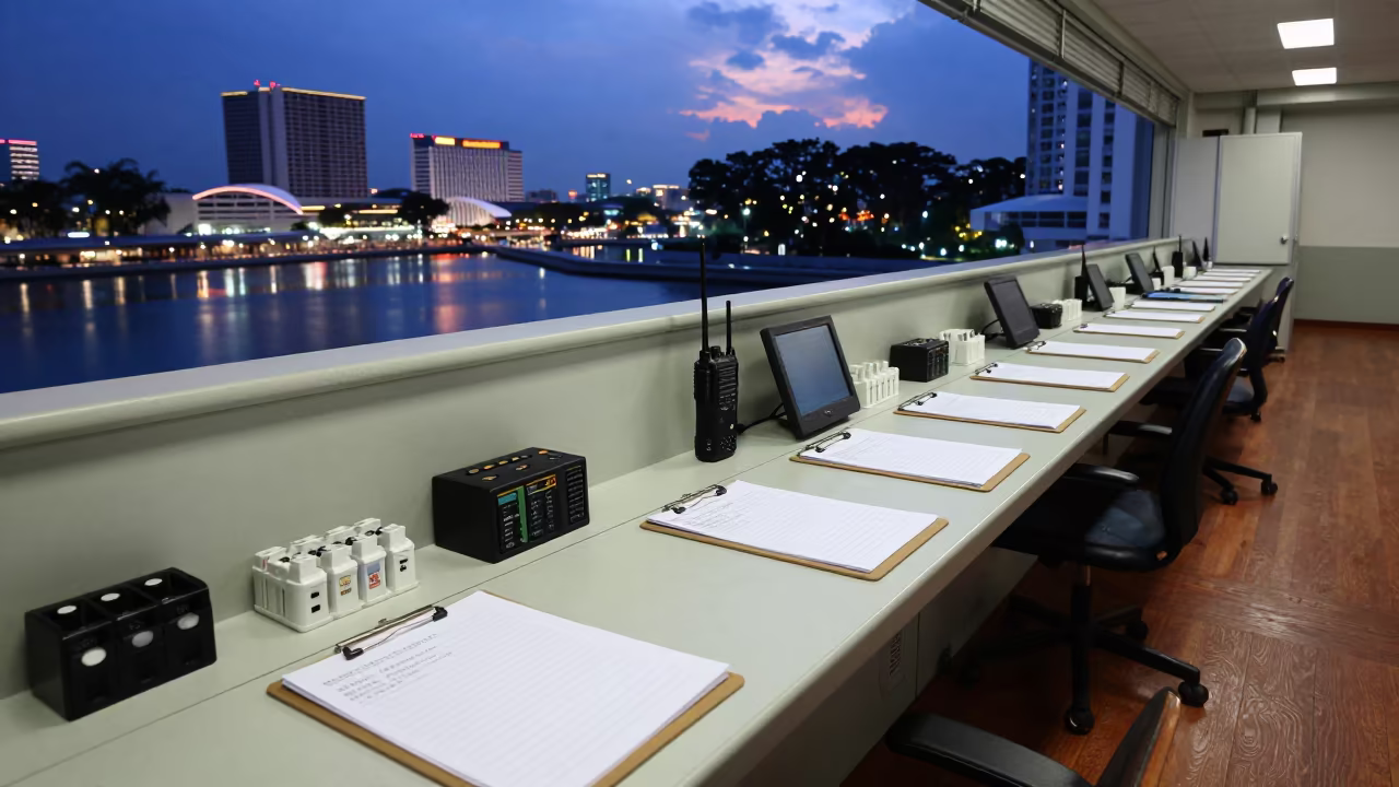 Driver Check-In Bench at Singapore Dusk in inside a dispatch office above the dock in Singapore