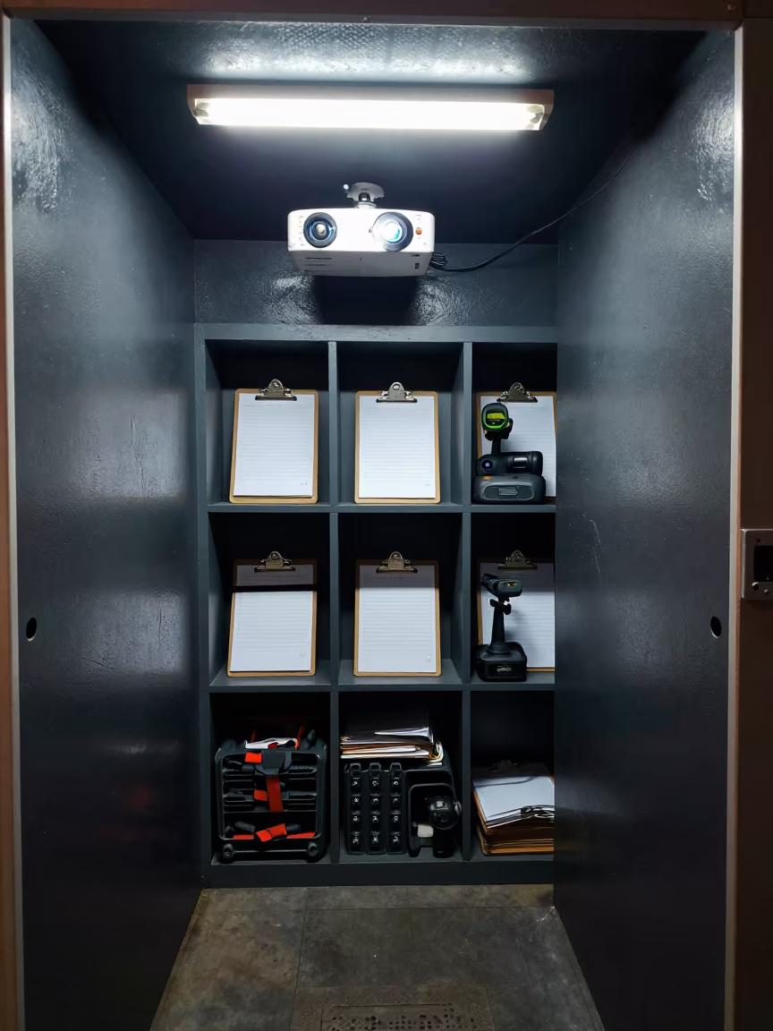 Driver ELD Swap Locker Under Night Fluorescents in inside a chilled distribution bay near Juhu, Mumbai