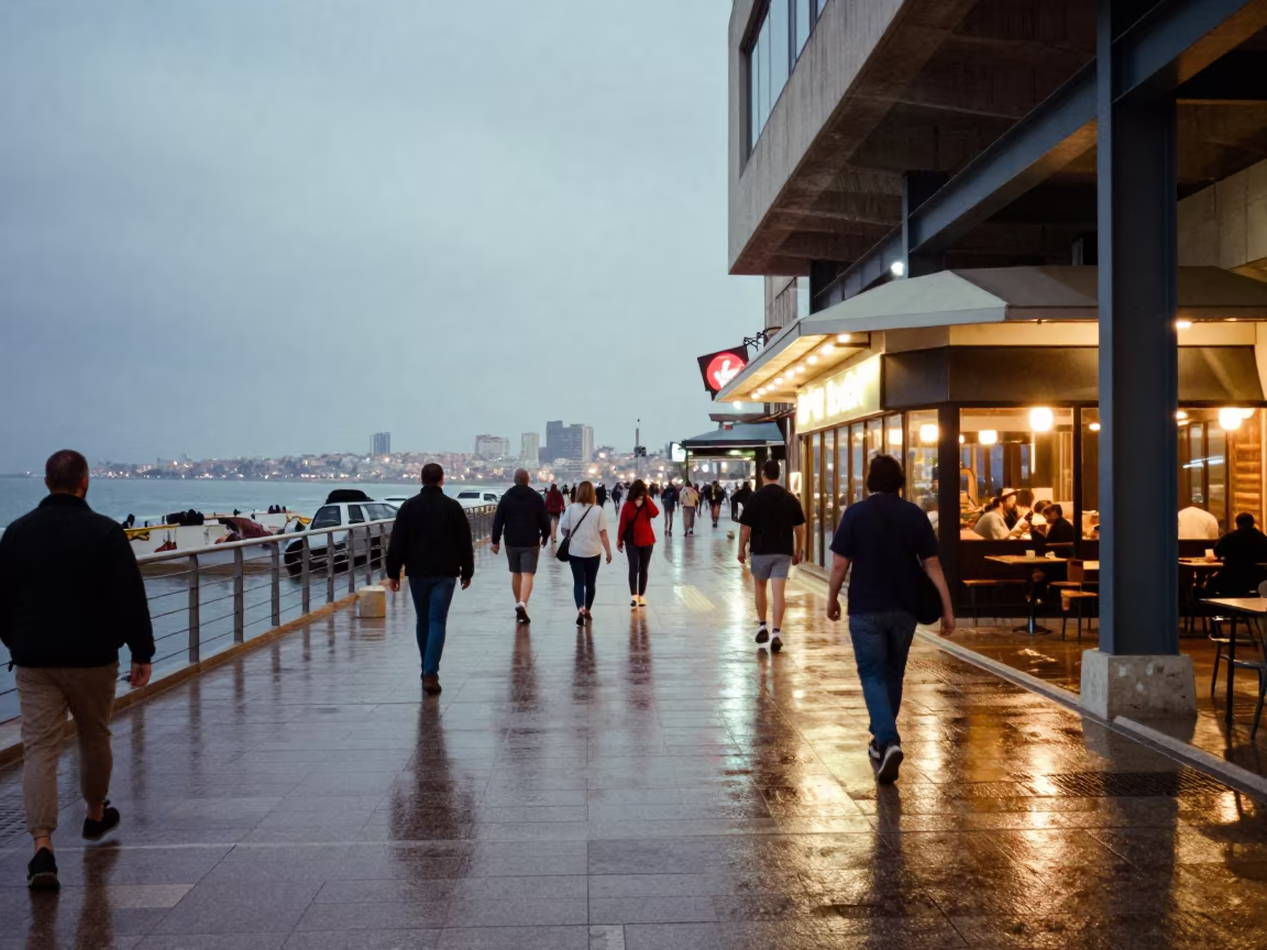 Drizzle on Ashdod Overpass Commuters Evening in outside a corner cafe in Ashdod