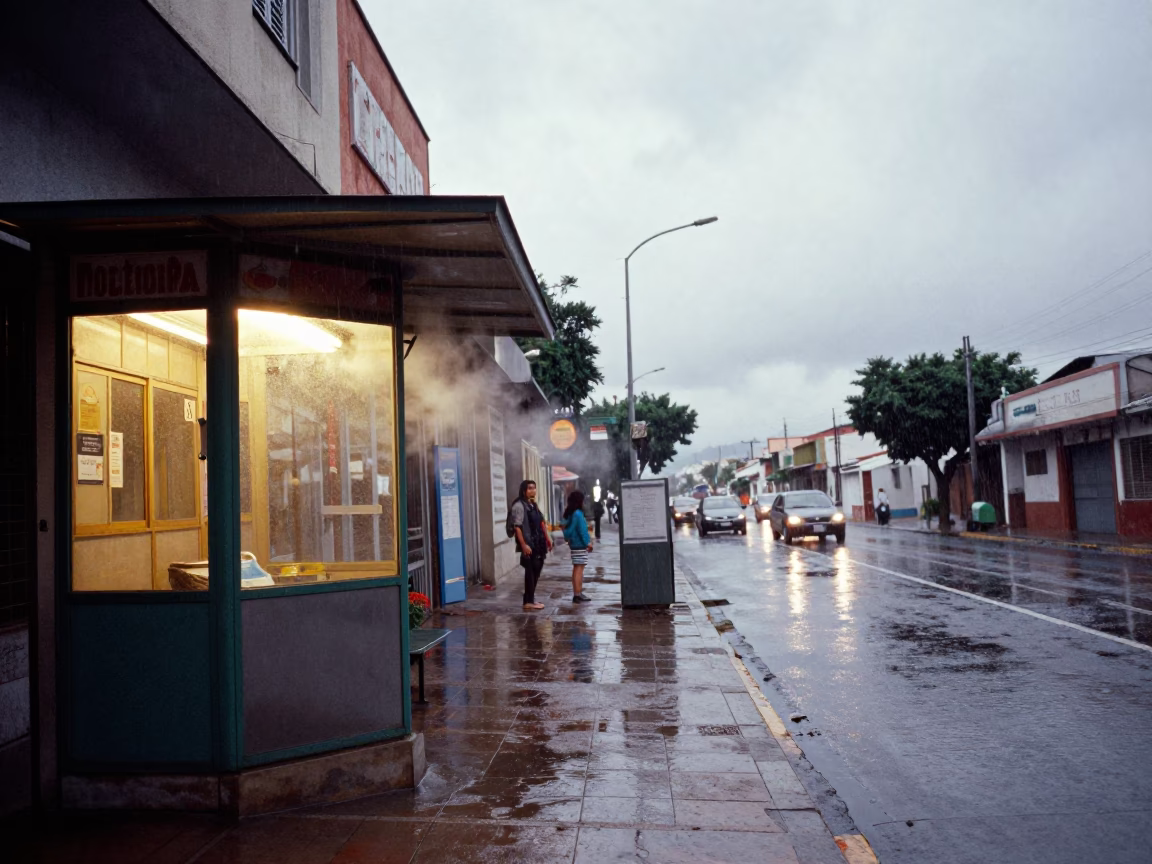 Drizzle Drenched Kiosk Under Shopfront Glow in beside a steamed-up bus shelter in Coatzacoalcos