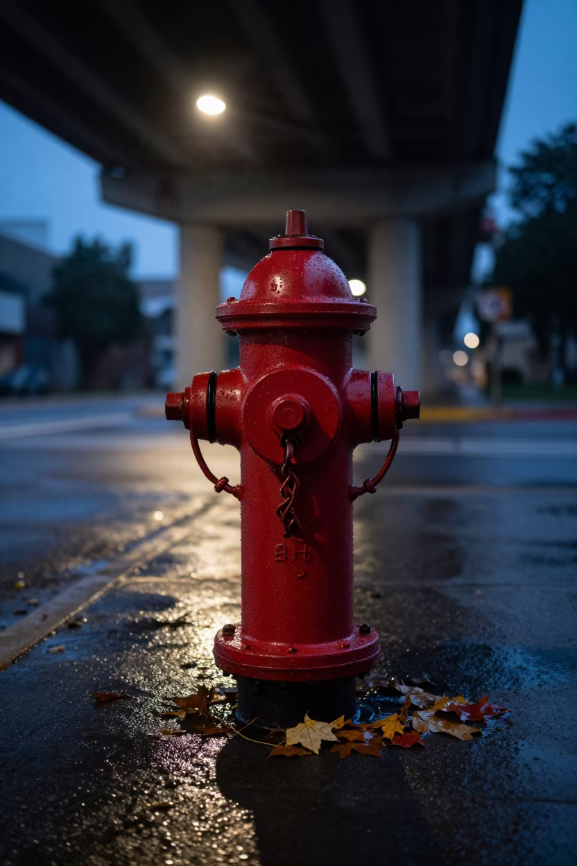 Drizzling Autumn Leaves Halo Red Hydrant in beneath a flickering underpass light in El Tigre