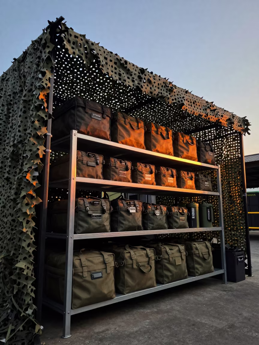 Drone Battery Fire Bag Shelf Under Camo Net in beneath a camouflage net shelter in Ekkamai, Bangkok