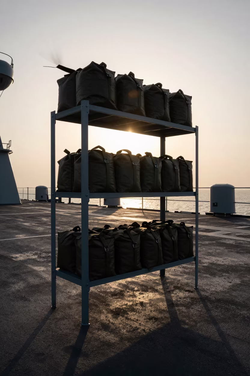 Drone Battery Fire Bag Shelf on Naval Deck in on a naval deck in rough wind in Dire Dawa