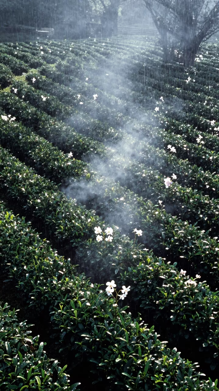 Drone Bloom Over Tea Plantation Kaohsiung Rain in at the edge of a tea plantation near Kaohsiung