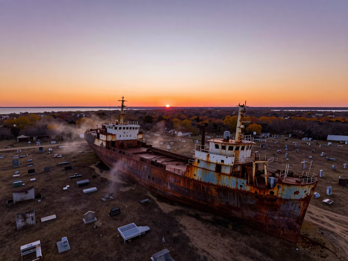 Drone Flights Over Rusty Texas Ship Cemetery in across a remote ferry crossing in Texas