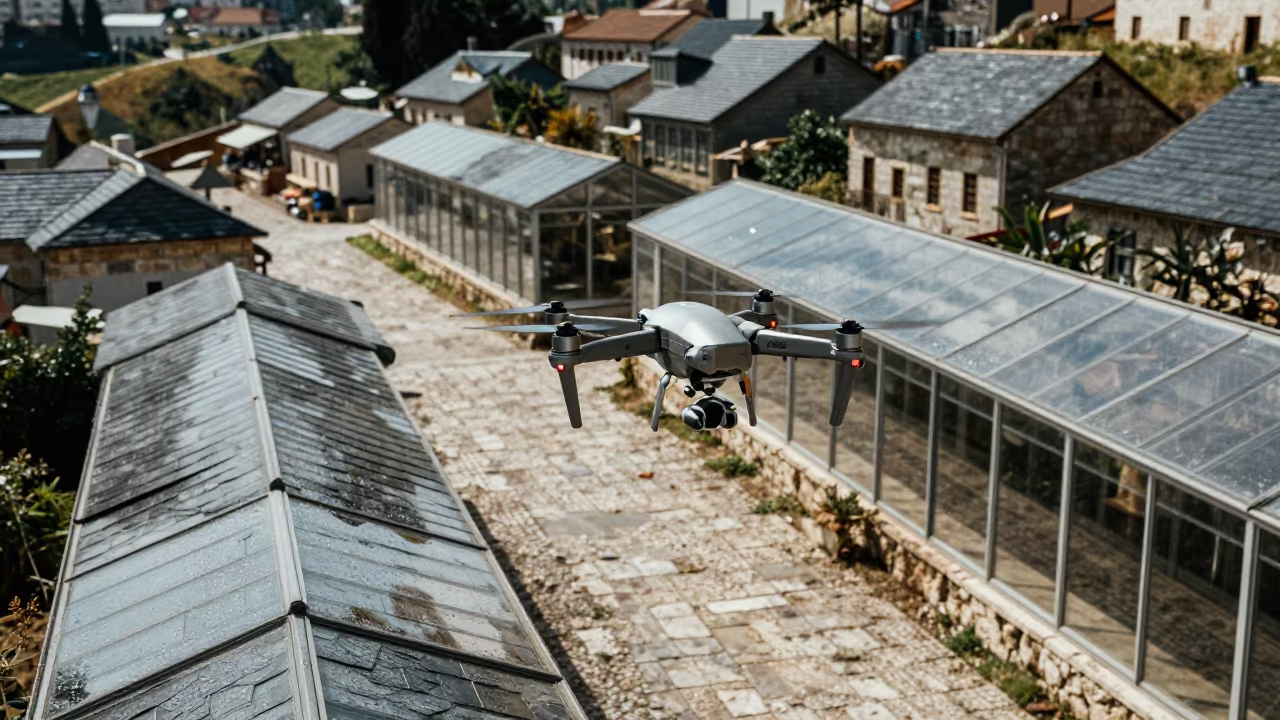Drone Over Hillside Village Slate Roofs in inside a glass-roofed arcade in Alexandria