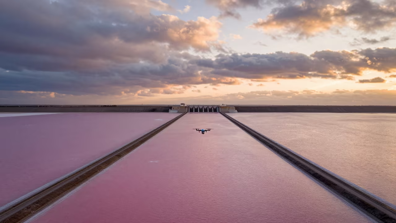 Drone Over Pink Salt Ponds New Mexico in along a dam spillway in New Mexico
