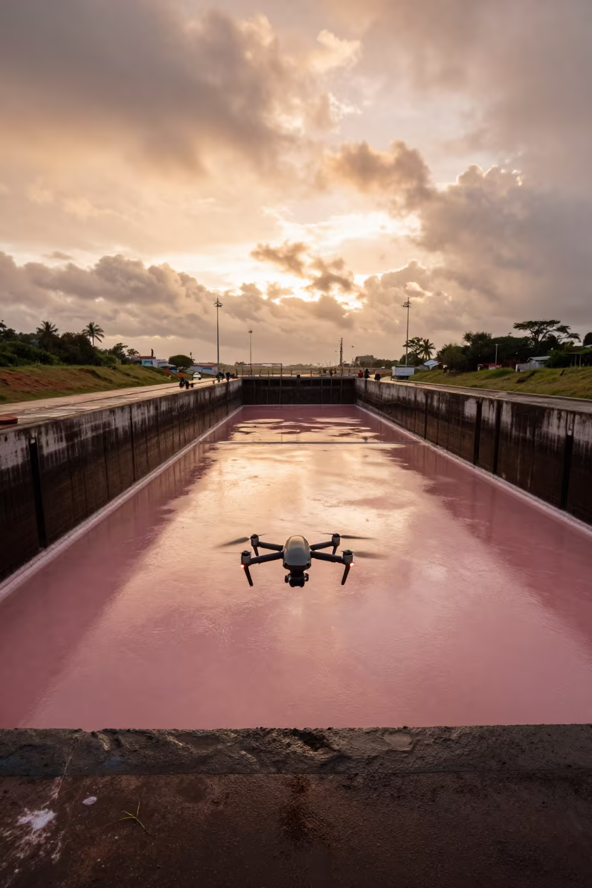 Drone Over Salt Ponds Before Dusk in at a canal lock chamber in Pereira
