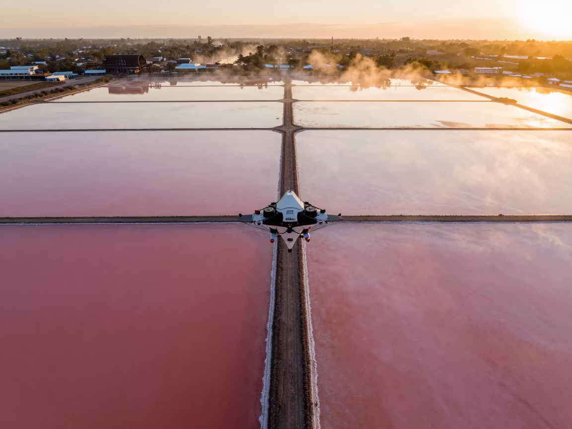 Drone Over Salt Ponds Golden Hour Torreón in along a levee path above floodwater near Torreón