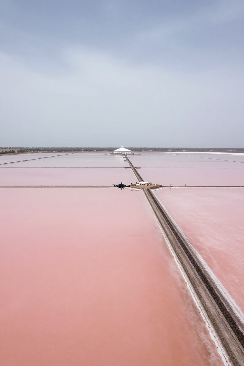 Drone Over Salt Ponds Near Dam Spillway in along a dam spillway in Keur Massar Nord