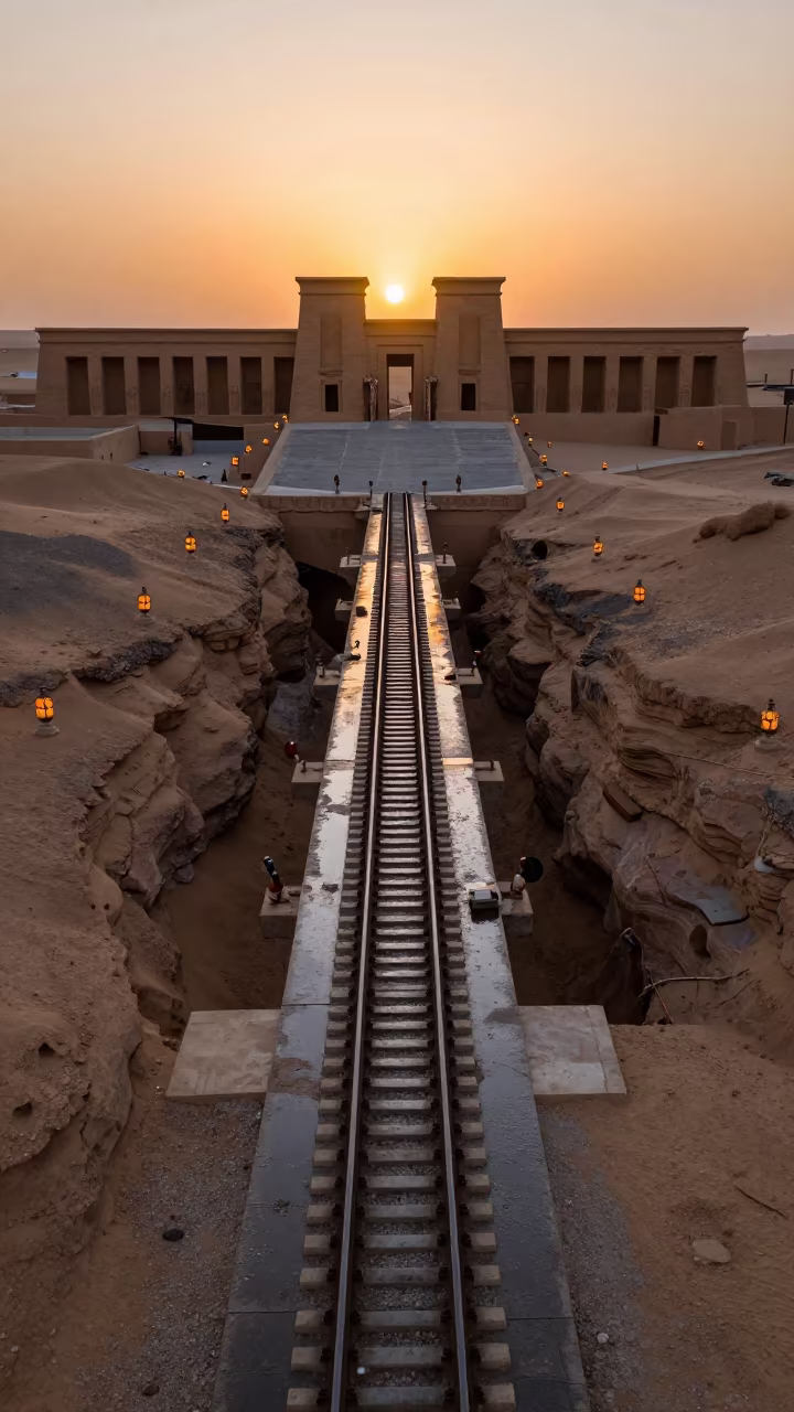 Drone View Railroad Bridge Sahara Temple Gorge Sunset in in a lantern-lined temple precinct in the Sahara