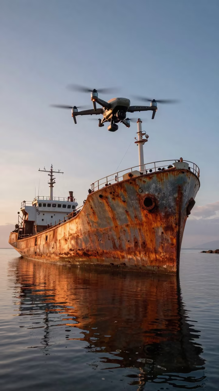 Drone Flies Over Rusted Shipwrecks Riviera in in the French Riviera
