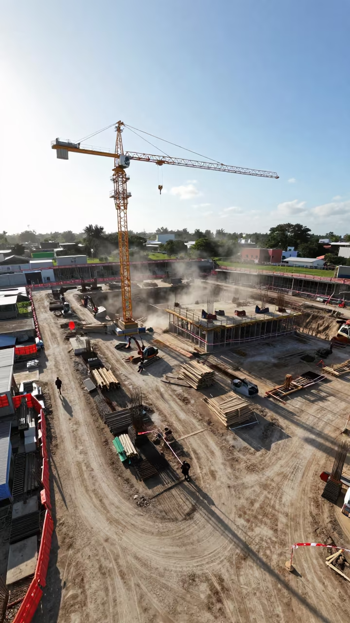Drone View Barranquilla Construction Site in inside a taped-off excavation edge near Barranquilla