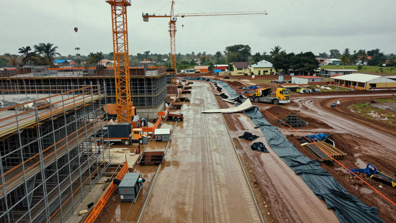 Drone View Construction Site Thies Wet Season in along a scaffolded facade near Thies