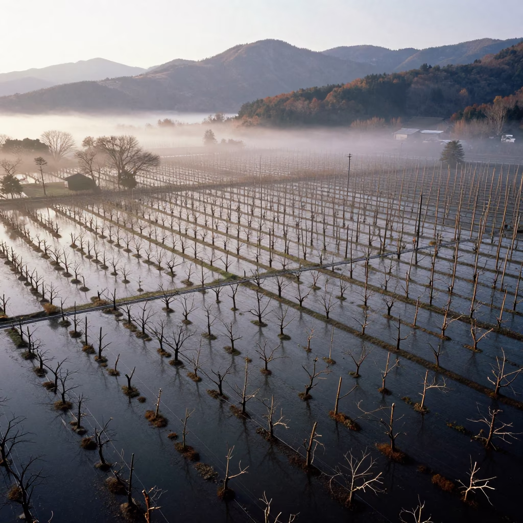Drone View Flooded Autumn Japanese Orchard in far above orchard blocks and irrigation lines in Japan