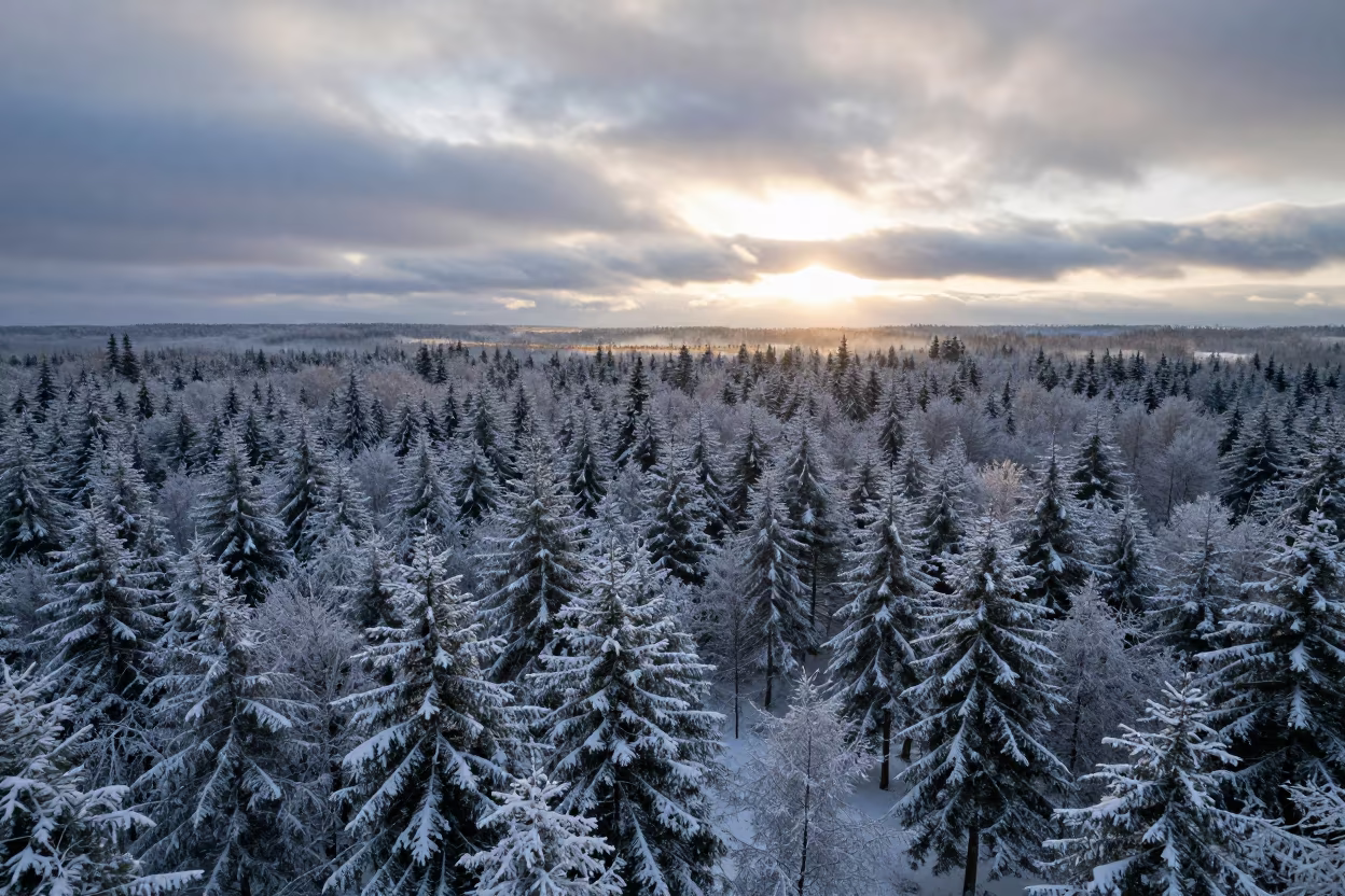 Drone View Forest After Fresh Snowfall in over a horizon of stacked thunderheads near 10th of Ramadan