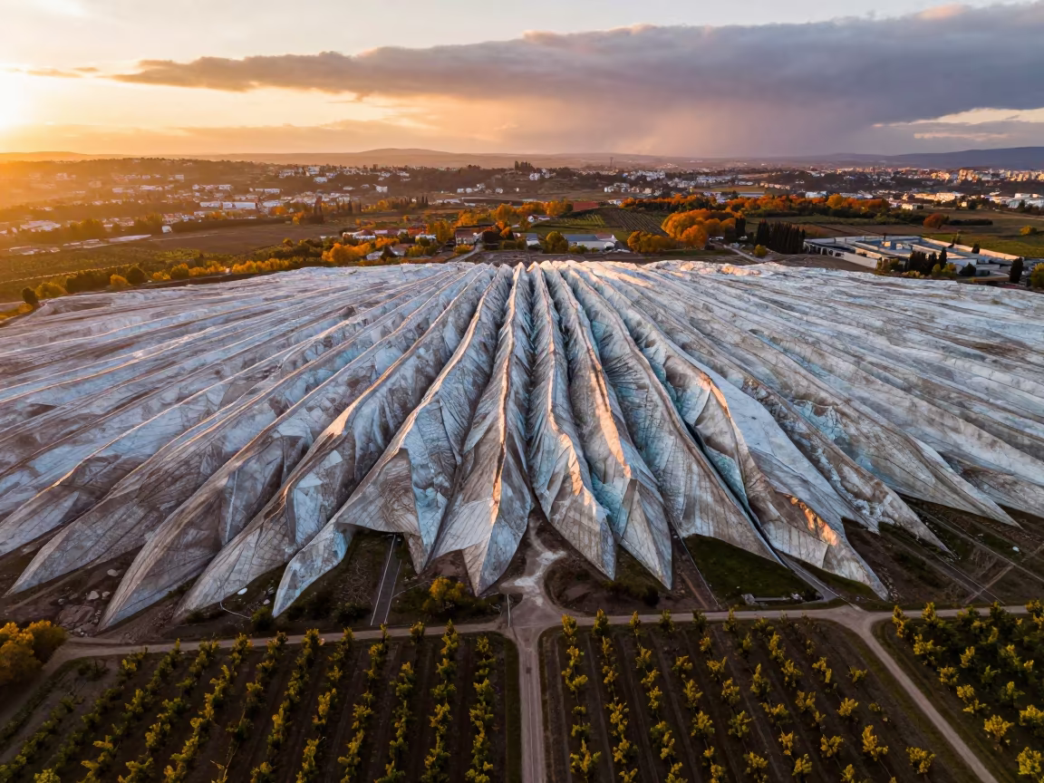 Drone View Glacial Moraine Autumn Stripes in far above orchard blocks and irrigation lines near Marseille