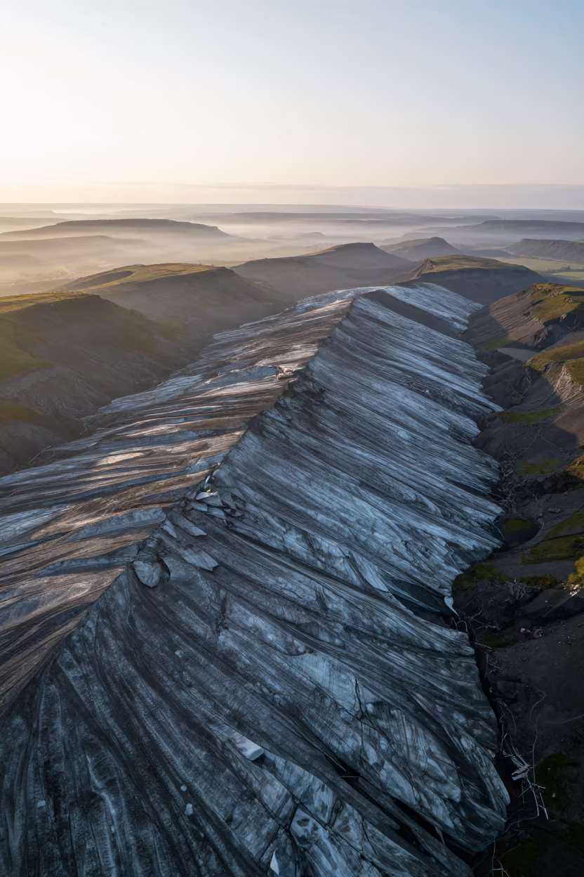 Drone View Glacial Moraine Striped Debris Denmark in far above terraced hillsides in Denmark